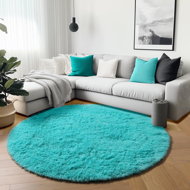 ONASAR Teal Blue Round Area Rug 4ft, Soft Fluffy Bedroom Bedside Floor Circle Rugs for Kids Girls Boys Teen Room, Cute Fuzzy Furry Plush Shaggy Carpet for Nursery Living Room Playroom Dorm Home Decor - Image 3